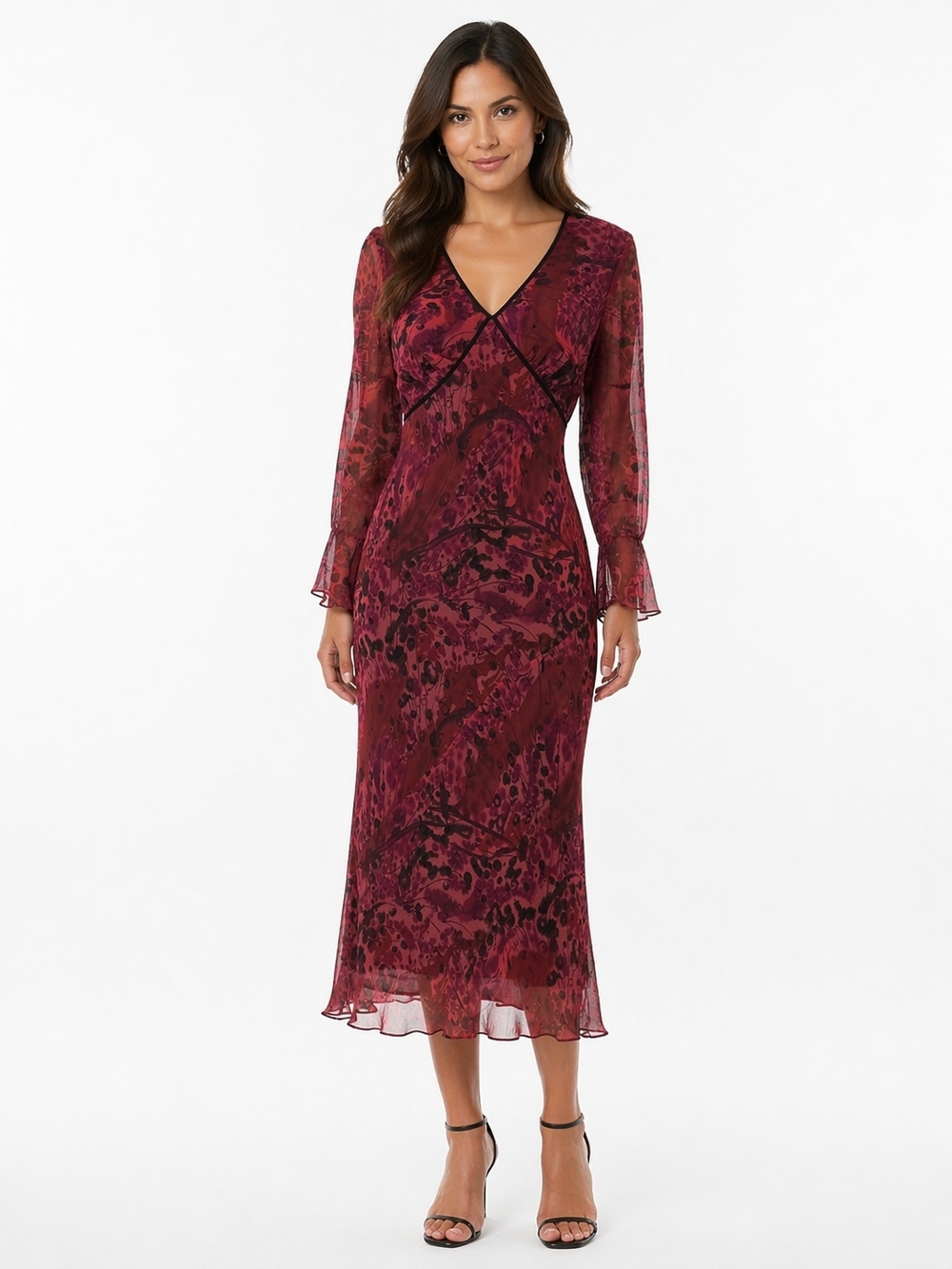 Redux V-Neck Long Sleeve Floral Midi Dress in Berry Size 2